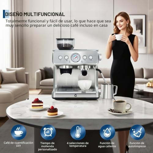 Cafeteira Profissional de Espresso com Porta-filtro e Moinho de Café Integrado - Pressão de 15 Bar - Espumante de Leite e Mostrador Visível - Tanque de 2,8 L - Ideal para Cappuccino, Latte