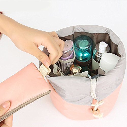 HJSMing Bathroom Folding Bag Travel Barrel Toiletry Bag Large Capacity Storage Organizer Travel Waterproof Portable Cosmetic Bag Bucket Makeup Bag with Pouch (Pink) - Thumbnail 2