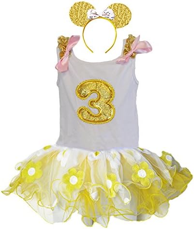 Birthday Glitter Gold Age Number Tops Tulle Tutu & Sparkling Gold Headband Set (YW-Age 3)