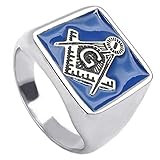 KONOV Stainless Steel Embossed Stamped Freemason Masonic Mens Ring, Blue Silver