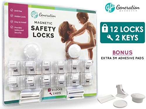 Generation Products Magnetic Cabinet Locks - Baby Drawer & Cabinet Safety No Drilling 3M Adhesive Tape 12 Locks 2 Keys Child Proof Safety Locking System