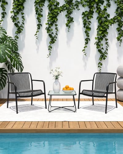 HariNorgen 3 Piece Patio Bistro Set Indoor Conversation Set Outdoor Garden Balcony 2 Large Black Plastic Armchairs & Square Glass Top Coffee Side Table,Black