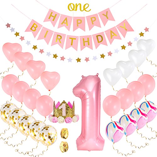 One First Birthday Decorations set for Baby Girl |1st Birthday Girl Set:1st Pink Number 1 Balloon,Happy Birthday Banner,1st Birthday Baby Princess Tiara Crown,One Cake Topper,Marble, Gold Confetti, Pink, Heart Balloons