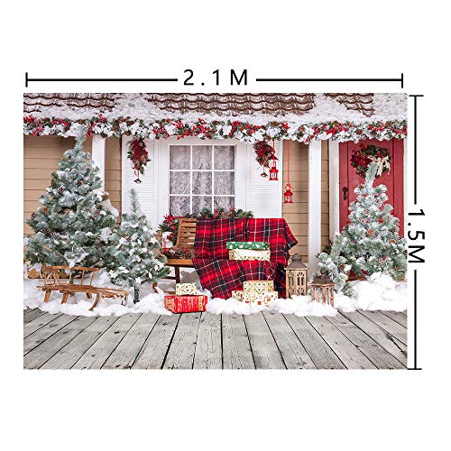 Outdoor House Winter Snow New Year Supplies Photography Backdrop 7x5ft Christmas Tree Lantern Wood Floor Photo Background Family Portraits Party Banner Decorations Photo Booths Studio Props
