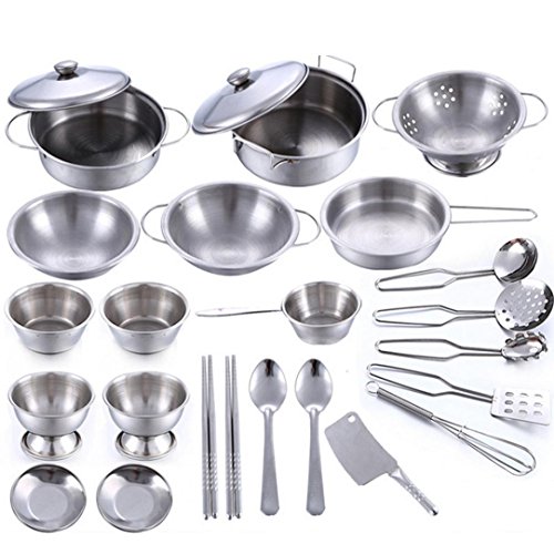 Click Here to See More Images Ecosin Miniature 25 Pcs Set Kitchen Cookware Stainless Steel Cooking Utensils Pots Pans Miniature Gift