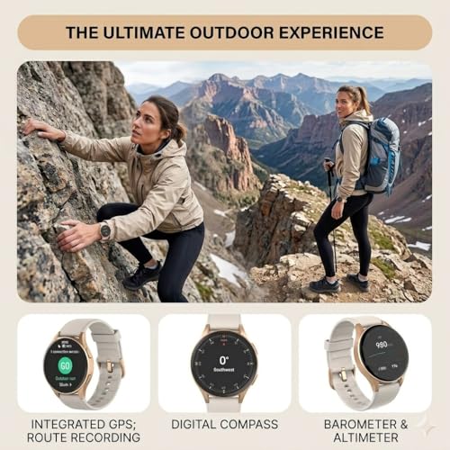 QIPOPC Smartwatch Damen Gold mit Telefonfunktion, 1.32" AMOLED Display Elegant, Fitness Uhr mit Alexa & GPS, SpO2/Puls/Zyklustracking, 5ATM Wasserdicht, Schrittzähler Uhr für Android iOS