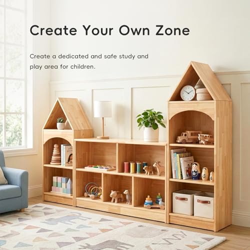 OOOK Montessori Shelving Unit with 5 Compartments Rubberwood 110 cm (43.3 Inches) – 2 Storage Systems – Wooden Wardrobe for Children's Room, Games Room, Nursery, Classroom and Kindergarten