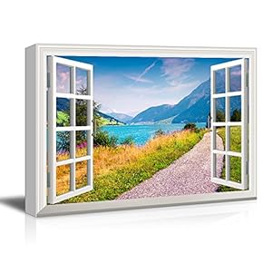 3D Visual Effect View Through Window Frame A Lane by The Lake in The Mountain Gallery 12x18 inches