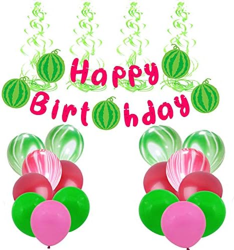 Watermelon Birthday Decorations, Pink Green Glitter Watermelon Themed Decor Set Summer Fruit Decorations,happy birthday Banner、Hanging Swirls、 Watermelon balloons，Melon Birthday Party Supplies