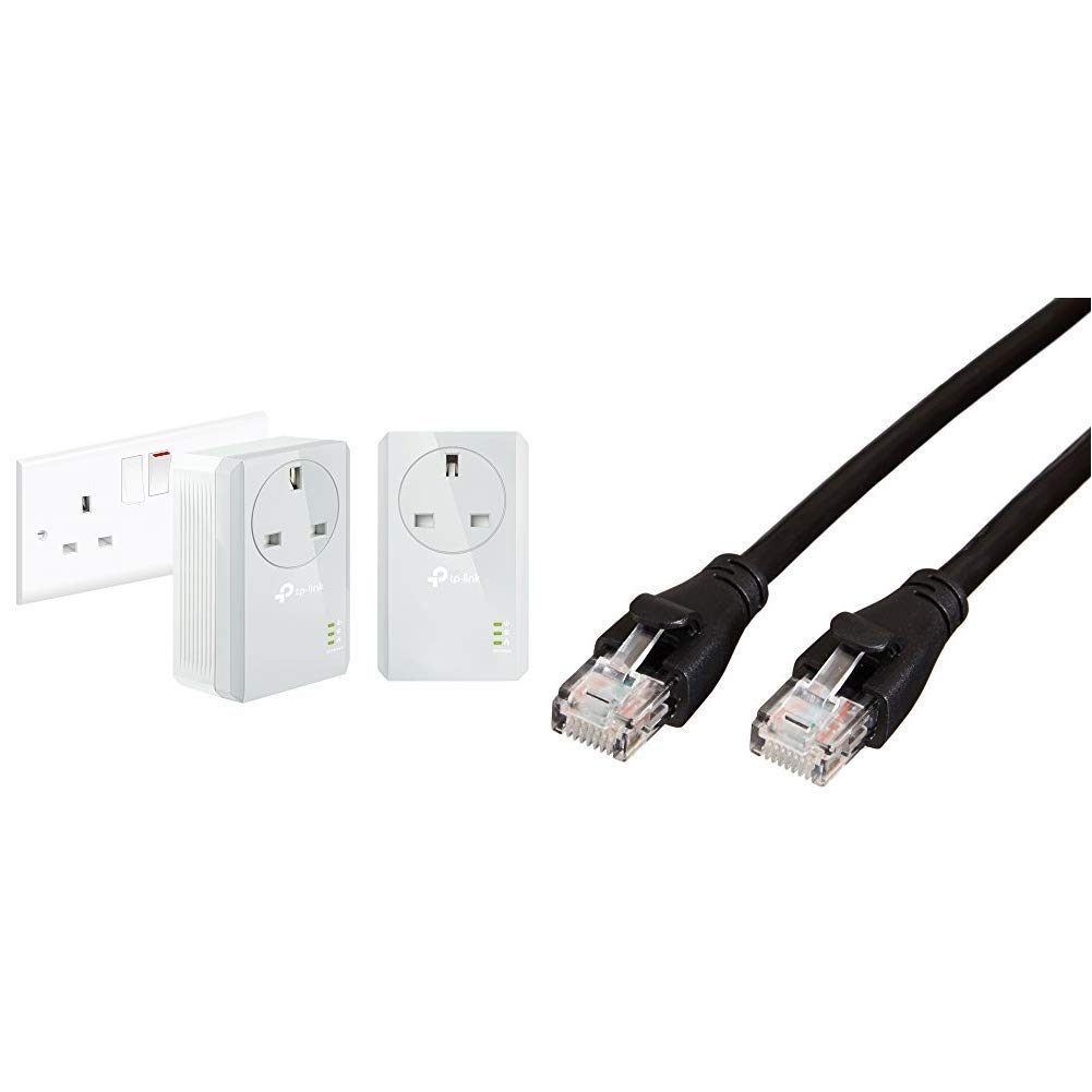 TP-Link TL-PA4010PKIT Passthrough Powerline Adapter Starter Kit, No Configuration Required, UK Plug, Pack of 2 & Amazon Basics RJ45 CAT6 Ethernet LAN Patch Cable (0.9 m / 3 Feet) [1,000 Mbps (1 Gbps)]