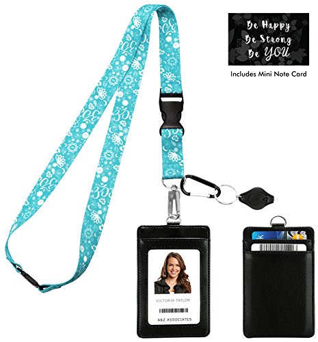 OM Lotus Mandala Yoga Spiritual Symbols in Tiffany Blue Print Lanyard with PU Leather ID Badge Holder with 3 Card Pockets, Safety Breakaway Clip, Note Card. Carabiner Keychain Flashlight