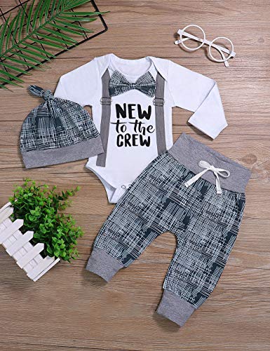 Newborn Baby Boy Clothes New to The Crew Letter Print Romper Long Pants Hat 3PCS Outfits Set Breathable and Soft (J-White, 0-3 Months)