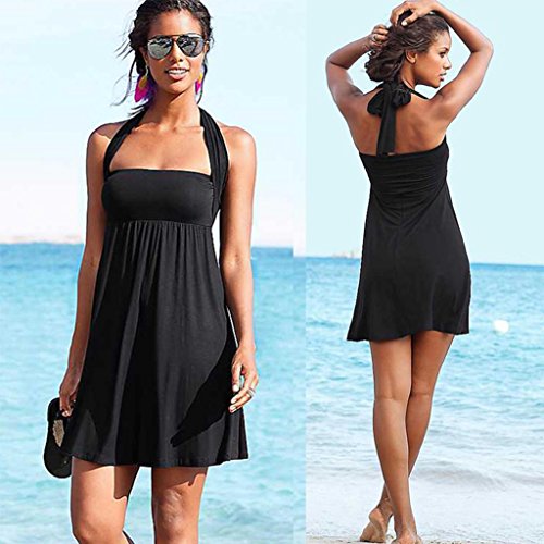 HuntGold Women Lady Sexy Push-up Wrapped Chest Swimming Dress Skirt Swimwear Swimsuit Cover Up Black(Size: M)