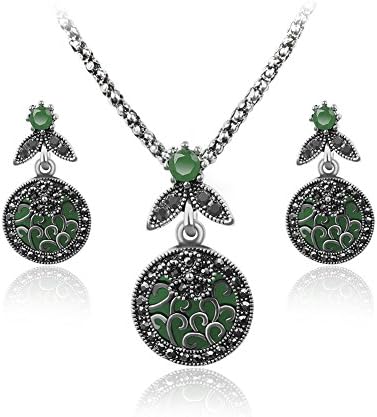 Vintage Women Round Engraving Flower Earrings Necklace Party Club Jewelry Set - Green