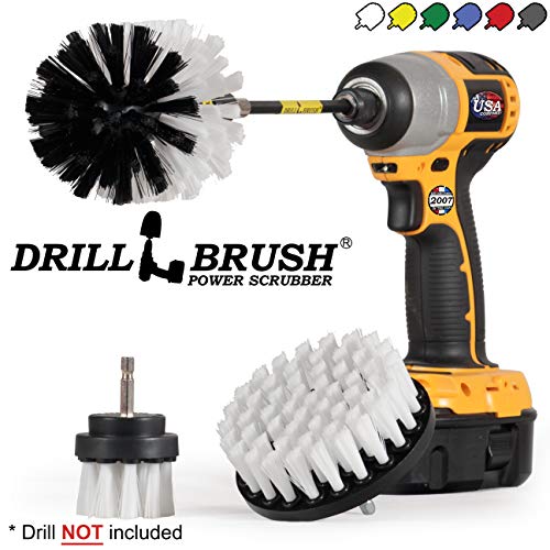 Drill Brush Car Washing and Detailing Power Brush Kit with Long-Reach Removable Extension. Auto Care Set Includes 3 Different Size, Replaceable, Soft White Scrubber Brushes with Quick Change Extender