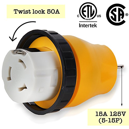 Proline Power 15A to 50A Female to Male Twist Lock RV Adapter Cord, Generator Trailer Camper Adapter Cable With 125V AC Plug. (HB50F/15M)
