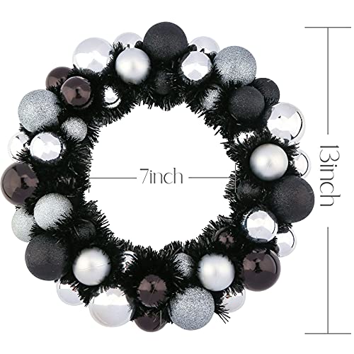 HAKACC Halloween Ball Wreath,13 Inches Black and Silver Halloween Ornament Garland Decoration for Festival Celebration Door Window Wall Home Theme Party Decoration