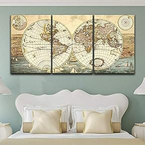 3 Panel Canvas Wall Art - Vintage World Map - Giclee Print Gallery Wrap Modern Home Art Ready to Hang - 16"x24" x 3 Panels