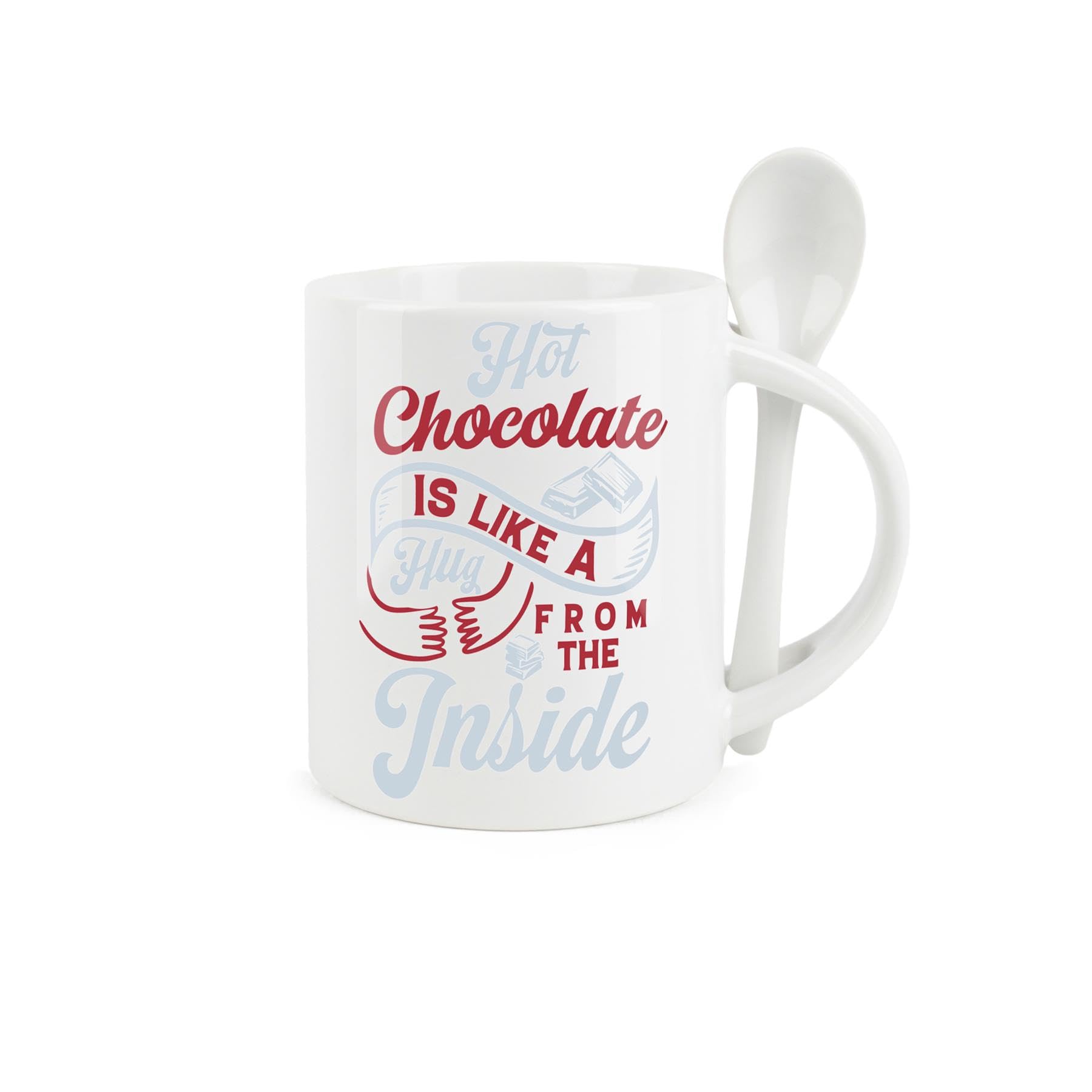 Purely Home Hot Chocolate Mug and Spoon Set - Hug from The Inside Cute Homely Gift - Ceramic White and Brown Hot Drink Mug with Spoon in Handle