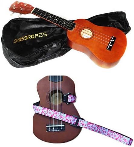 Crossroads Handcrafted Soprano Ukulele (Brown) includes matching lightweight nylon bag and Bonus Masterstraps Hawaiian Flower Pink