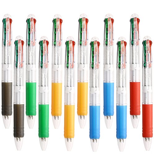 Ipienlee Multinational Retractable Ballpoint Pens 0.7mm 4 Color Ink (Black, Blue, Red, Green) in One Ballpoint Pen, Pack of 12