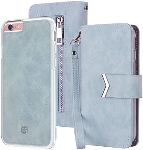 Majesticase iPhone 6s Plus Wallet Case Premium Suede Leather Wristlet &amp; Detachable Removable Magnetic Hybrid Protective Shell Cover &amp; Back Zipper + Removable Strap - Pastel Blue