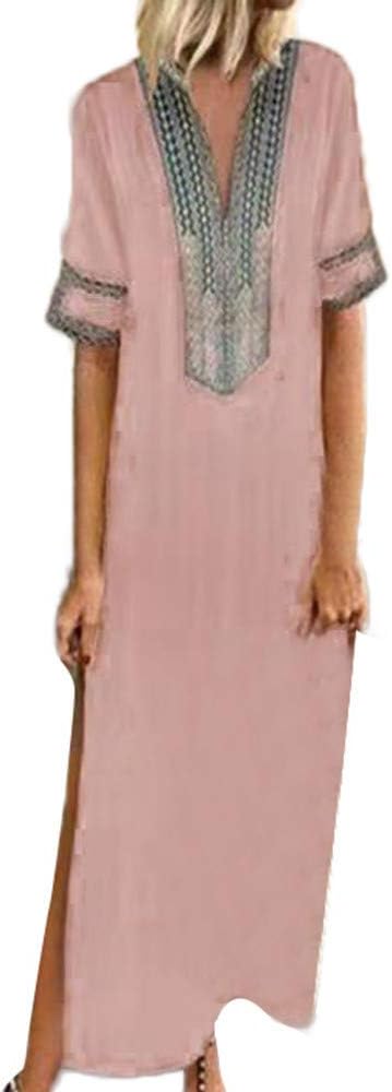 TUSANG Women Skirts Printed Long Sleeve V-Neck Maxi Dress Hem Baggy Kaftan Long Dress Slim Fit Comfy Dress