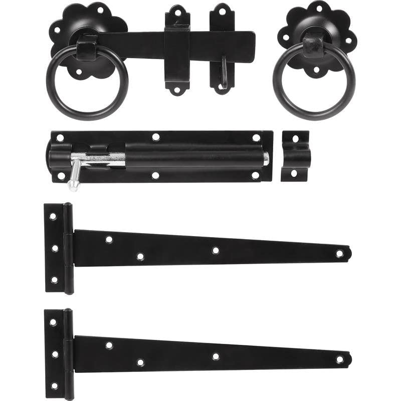 Hardware-Solutions - Plain Ring Gate Latch Kit - 152mm Latch with 10" Tee Hinges Pair and 6" Tower Door Bolt - Matt Black - Fixings Included - Interior/Exterior Use