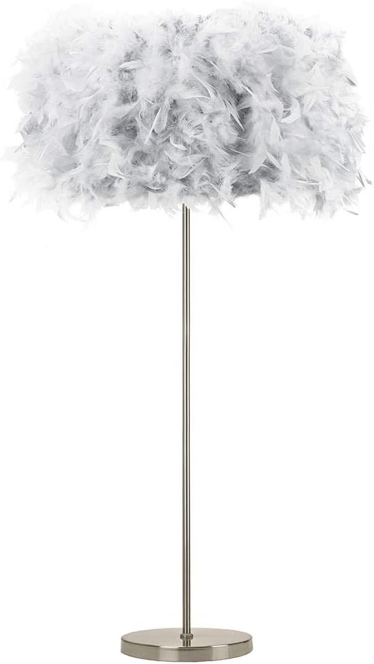 Happy Homewares Modern and Chic Real Grey Feather Standard Floor Lamp with Satin Nickel Base and Foot Switch