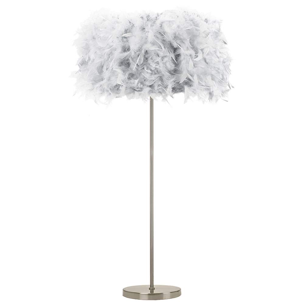 Happy Homewares Modern and Chic Real Grey Feather Standard Floor Lamp with Satin Nickel Base and Foot Switch - Perfect for Childrens Bedroom - 60w Maximum SES Bulb