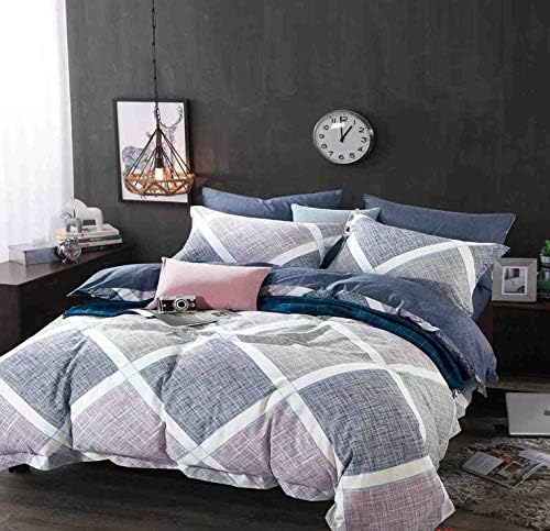 WestHOME 100% Cotton Bedding Set,Checked & Blue Double Sided Stylish & Matching Sheet- Available in Double/King/Super King Sizes (Super king size)