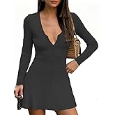 CJXJTIN Women Deep V Neck Button Down Mini Dress Casual Slim Fit Long Sleeve Ribbed Knitted Flowy Going Out Short Dress
