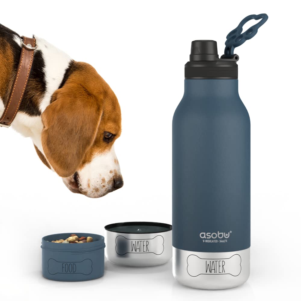 Photo 1 of Asobu Dog Barky Bottle a Stainless Steel Insulated Water Bottle for a Human with Removable Dog Water Bowl and Food Storage Bowl 34 Ounce (Blue)