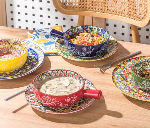 Henten Home Soup Bowl with Handle, Cereal Bowls, Ceramic Cereal/Soup Pot - 750ml, French Onion Soup Bowls, Microwave and Oven Bowl - Bohemian Style