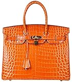 Cherish Kiss Padlock Bag Women Crocodile Leather Top Handle Handbags (35cm, Orange)