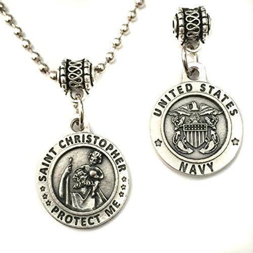 Saint St Christopher United States US Navy Protection Protect Us Medal Pendant Military Charm Necklace Catholic Made in Italy Silver Tone 3/4 Inch