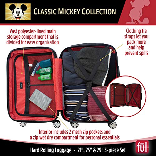 FUL Disney Mickey Mouse 3 Piece Rolling Luggage Set, Hardside Suitcase