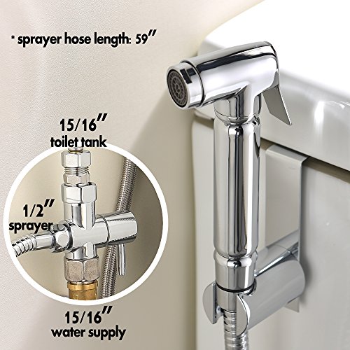 Best Modern Solid Brass Hand Held Cloth Diaper Toilet Sprayer with Chrome Hand Held Bidet Shattaf, 49 Inches Metal Hose, T-valve and Mounting Clip Attachment Adapter