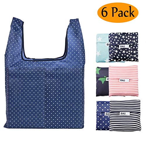 Reusable Grocery Bags Set of 6 Foldable Shopping Tote Bag,Washable, Durable and Lightweight (Reusable Grocery Bags 6 PACK)
