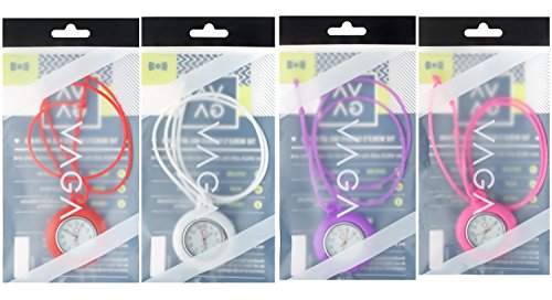 Set / Kit / Lot of 4 Necklaces / Pockets / Fob / Pendants Analogue Quartz Watches for Doctors, Nurses, Health Care Workers With Colorful Infection Control Silicone Hygienic Covers and Chains / Ropes