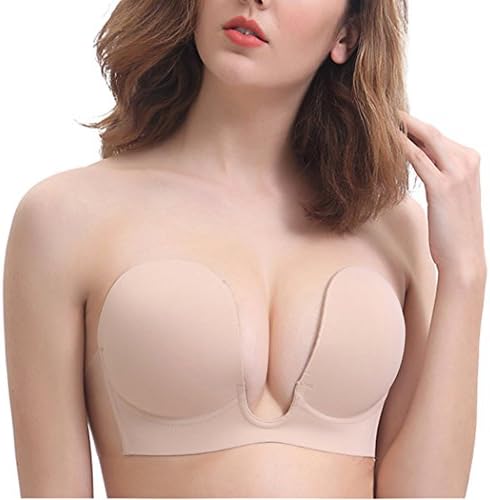 Gelma Invisible Adhesive Bra Backless Strapless Bra for Women Silicone Push Up Deep U Plunge Bra