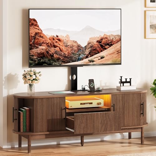 YITAHOME Fluted Curved TV Stand with Mount for 32-70 Inch TVs, Modern Entertainment Center with LED Lights & Power Outlets,Walnut