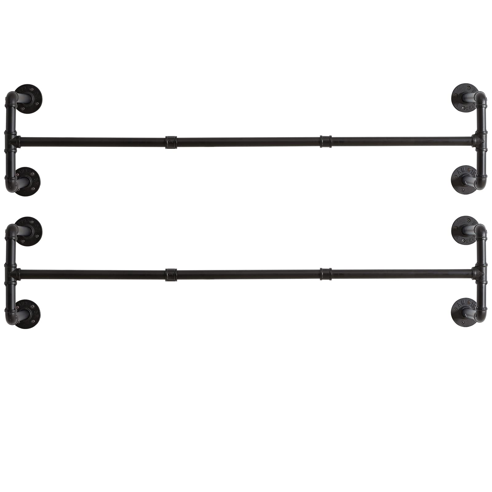 Photo 1 of IBUYKE Industrial Pipe Clothes Rack Set of 2, 50 Inch Wall Mounted Clothing Rack, Space-Saving Hanging Closet Rod, Heavy Duty Multi-Purpose Garment Rack for Laundry Room(4 Bases), Black TYJ002H-2