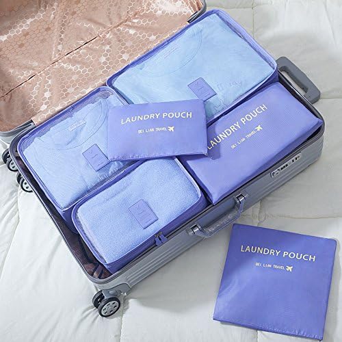 Qiwuhua 6pc Waterproof Travel Luggage Organizer Storage bag Durable Packing Compression Pouches 3 Travel Cubes + 3 Pouches (Light purple)