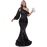 Sequin Mermaid Prom Dresses for Women Sparkly One Shoulder Evening Dress with Train Long Formal Gown