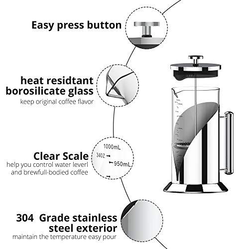 French Press Coffee Maker, Heat Resistant Borosilicate Glass Carafe with Scale, 304 Stainless Steel Bracket Coffee Press with 4-Level Filtration Structure, Dishwasher Safe, Rust-Fre, 34 Oz