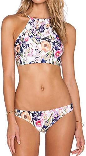HYL World Women Floral Print Bikini High Neck Swimsuit Set Halter Swimwear
