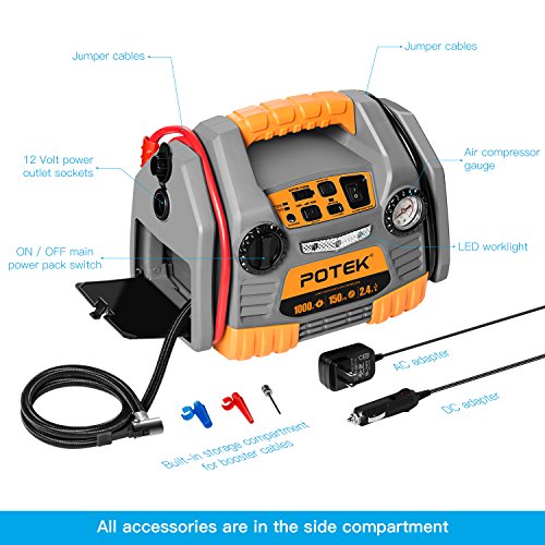 POTEK Car Jump Starter with 150 PSI Tire Inflator/Air compressor,1000 Peak/500 Instant Amps with