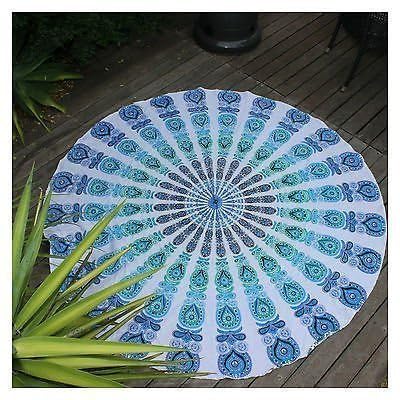 Popular Handicrafts Round Tapestry Wall Hanging Ombre Hippie Mandala Bohemian Hippy Intricate Indian Tapestries Tablecloth 70 Inches,(178cm) Blue on White — image 1