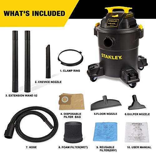 Stanley 6 Gallon Wet Dry Vacuum, 4 Peak HP Poly 3 in 1 Shop Vac Blower